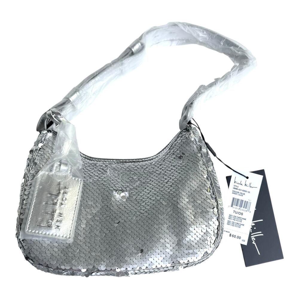 Nicole Miller Silver Sequin Handbag Purse Shoulder Buckle Zip Evening Bag New